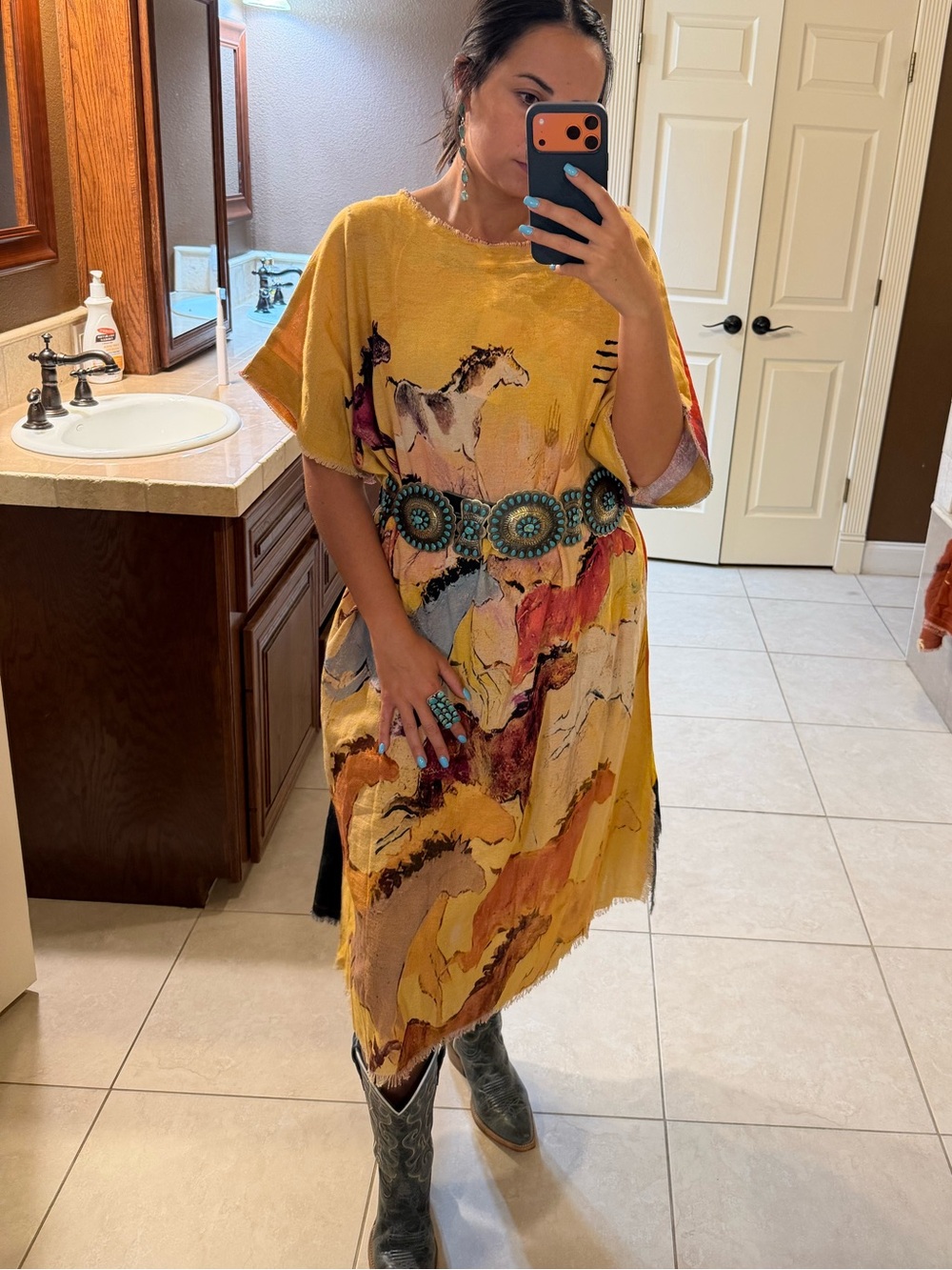 Boho Horse-Print Midi Dress in Mustard Yellow